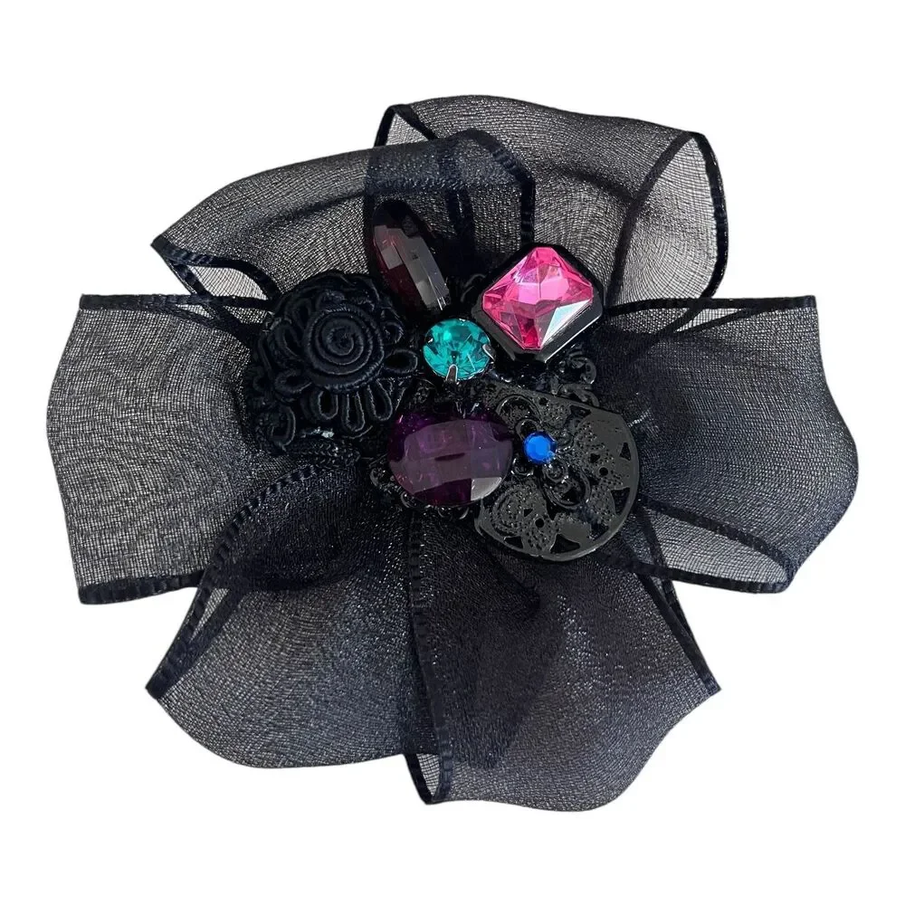 Vintage 1980s Statement Brooch Black Fabric Beaded Floral Pin - 10C